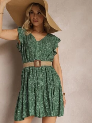 Ciemnozielona Rozkloszowana Sukienka z Bawełny w Kropki z Trójkątnym Dekoltem Riessa defox