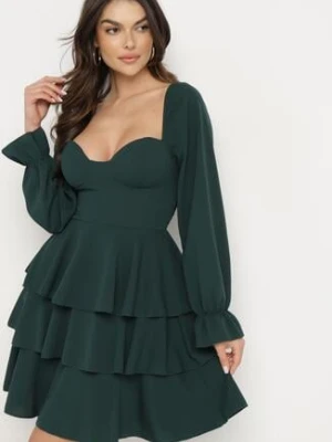 Ciemnozielona Rozkloszowana Sukienka z Falbankami i Bufiastymi Rękawami Semithara fashion