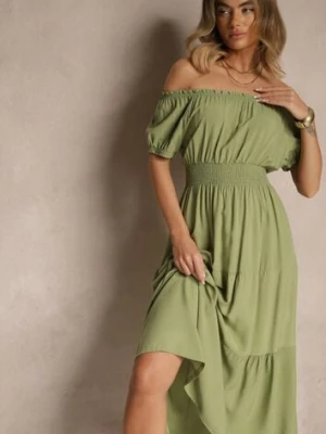 Ciemnozielona Rozkloszowana Sukienka z Gumką w Talii i Dekoltem w Kształcie Łódki Miratela j&x