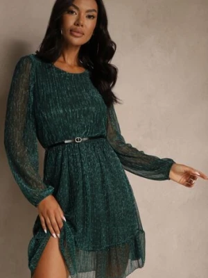 Ciemnozielona Rozkloszowana Wiskozowa Sukienka z Metaliczną Nicią Melanissa lovery