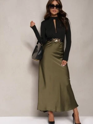 Ciemnozielona Satynowa Spódnica Maxi High Waist Formia