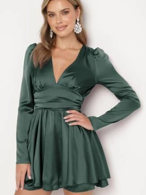 Ciemnozielona Satynowa Sukienka Mini z Głębokim Dekoltem i Wiązaniem z Tyłu Liadan allyson