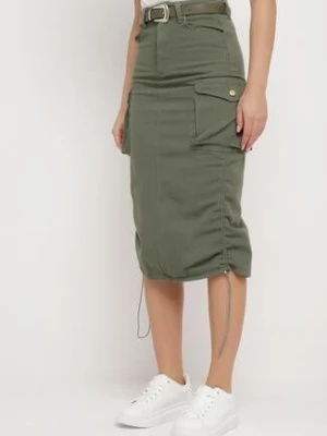 Ciemnozielona Spódnica Cargo Midi ze Ściągaczami i Paskiem Elsane elsa.m by may