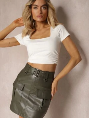 Ciemnozielona Spódnica Mini z Imitacji Skóry z Paskiem i Kieszeniami Akalsaran elsa.m by may