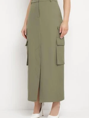 Ciemnozielona Spódnica w Stylu Utility z Kieszeniami i Rozcięciem na Przodzie Temari bisou's project