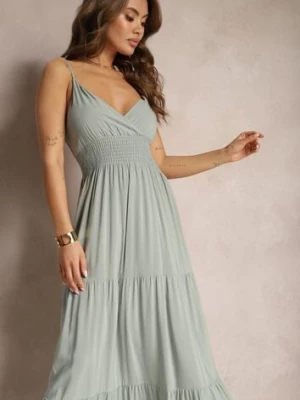 Ciemnozielona Sukienka Bawełniana Rozkloszowana Długa na Cienkich Ramiączkach z Regulacją Shalletia