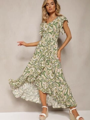 Ciemnozielona Sukienka Boho z Gumką w Pasie i Asymetrycznym Dołem z Wiskozy Anorissa cflo