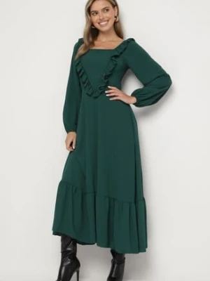 Ciemnozielona Sukienka Długa Rozkloszowana z Ozdobnymi Falbankami Ferellia fashion station