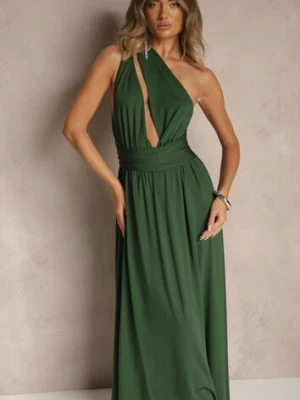 Ciemnozielona Sukienka Koktajlowa Multiway z Wiskozą Wiązana na Szyi Lilovea by swan