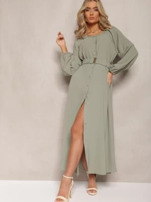 Ciemnozielona Sukienka Maxi o Swobodnym Kroju z Guzikami i Paskiem z Metaliczną Klamrą Ferian rosa