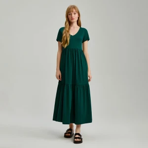 Ciemnozielona sukienka midi babydoll z dekoltem V House