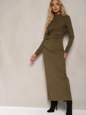 Ciemnozielona Sukienka o Dopasowanym Fasonie z Marszczeniem i Rozcięciem Galariel