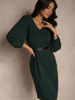 Ciemnozielona Sukienka o Dopasowanym Kroju z Lekko Bufiastymi Rękawami Zinnashira lovery