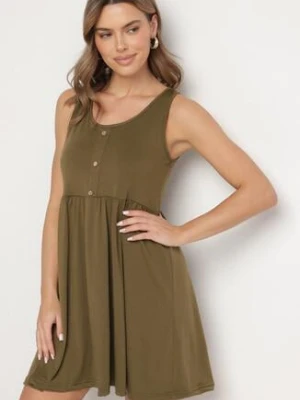 Ciemnozielona Sukienka o Rozkloszowanym Kroju na Szerokich Ramiączkach z Guzikami Jenovira defox