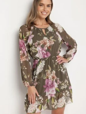 Ciemnozielona Sukienka o Rozkloszowanym Kroju w Kwiaty Zeramera lovery