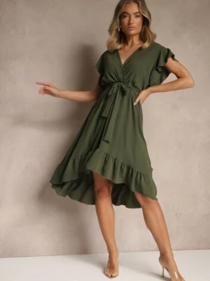 Ciemnozielona Sukienka o Rozkloszowanym Kroju z Paskiem i Falbanką Nativese j studio