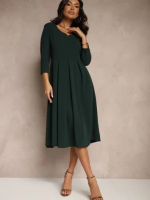 Ciemnozielona Sukienka o Rozkloszowanym Kroju z Rękawem Długości 3/4 Nomini lovery
