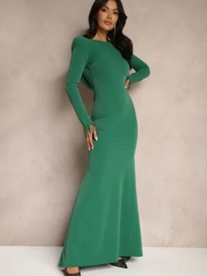 Ciemnozielona Sukienka o Taliowanym Kroju z Długim Rękawem i Odkrytymi Plecami Zdobiona Piórami Emaliene messaya