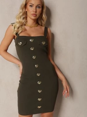 Ciemnozielona Sukienka Prążkowana na Ramiączkach z Guzikami Pasinne