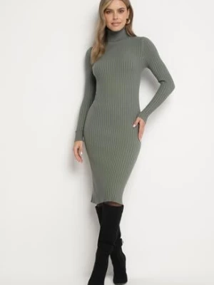 Ciemnozielona Sukienka Prążkowana o Dopasowanym Kroju z Golfem Kaszmirem Bawełną i Wełną Vaithessa