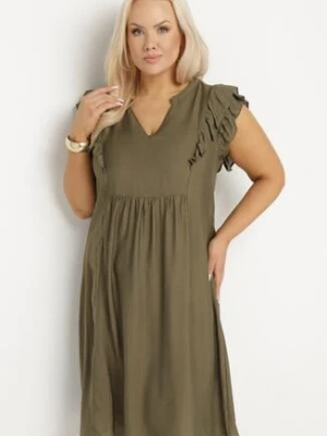 Ciemnozielona Sukienka Pudełkowa z Bawełną i Trójkątnym Dekoltem Ozdobiona Falbankami Vikirva christy