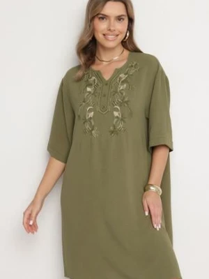 Ciemnozielona Sukienka Pudełkowa z Guzikami i Ozdobnymi Haftami Jenivanea j&x