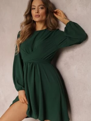 Ciemnozielona Sukienka Rozkloszowana z Gumką w Pasie Thelo new collection