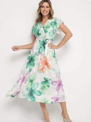 Ciemnozielona Sukienka w Kwiaty o Kopertowym Kroju z Wiązanym Paskiem Redanae lovery