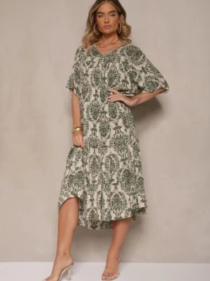 Ciemnozielona Sukienka z Bawełną i Abstrakcyjnym Motywem Filarella j&x