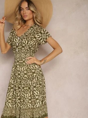 Ciemnozielona Sukienka z Bawełny z Trójkątnym Dekoltem i Gumką w Talii Zapinana na Guziki Lavlea defox