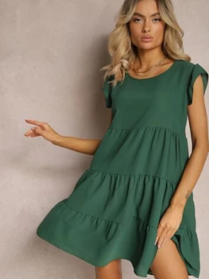 Ciemnozielona Sukienka z Krótkim Rękawem i Ozdobnymi Falbankami o Rozkloszowanym Kroju Vetesa defox
