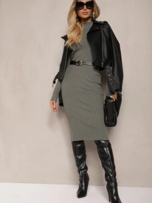 Ciemnozielona Sukienka z Prążkowanej Dzianiny z Wełną i Kaszmirem ze Stójką i Rozcięciem Vaidara