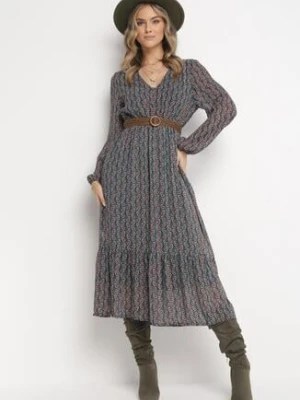 Ciemnozielona Sukienka z Trójkątnym Dekoltem i Gumką w Pasie Hutyz rosa