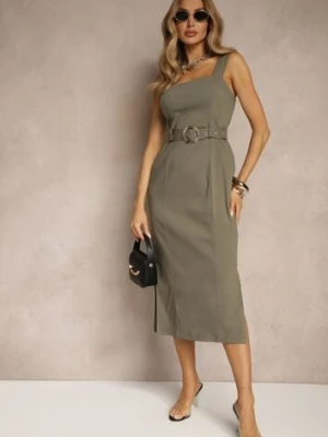 Ciemnozielona Sukienka z Wiskozą o Dopasowanym Kroju z Paskiem z Klamrą i Rozcięciami Mepona rosa