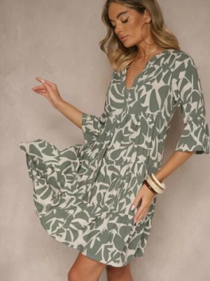 Ciemnozielona Sukienka z Wiskozy o Rozkloszowanym Kroju w Abstrakcyjny Wzór Lirese sublevel
