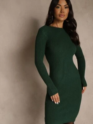 Ciemnozielona Sweterkowa Dopasowana Sukienka z Bawełną Reileta