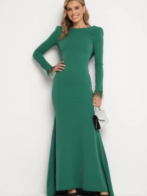 Ciemnozielona Taliowana Sukienka z Długim Rękawem z Piórami i Odkrytymi Plecami Emelira messaya