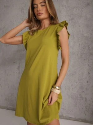 Ciemnozielona Trapezowa Sukienka z Elastycznej Bawełny z Falbankami Przy Ramionach Aleradia glo-story