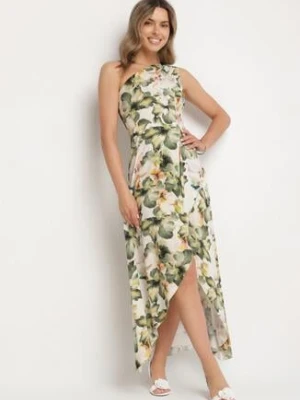 Ciemnozielona Wiskozowa Kwiatowa Sukienka o Asymetrycznym Kroju Lironia lovery