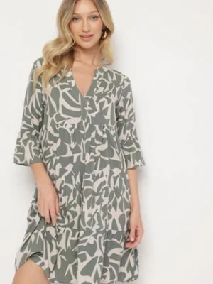 Ciemnozielona Wiskozowa Rozkloszowana Sukienka z Abstrakcyjnym Wzorem Liracalia sublevel