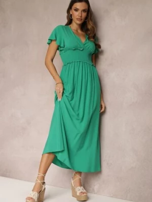 Ciemnozielona Wiskozowa Sukienka z Kopertowym Dekoltem i Gumką w Pasie Shura cflo