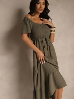 Ciemnozielona Wiskozowa Sukienka z Lnem o Rozkloszowanym Kroju Koloreia j&x