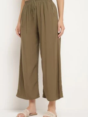 Ciemnozielone Bawełniane Spodnie z Szerokimi Nogawkami Palazzo z Gumką w Pasie Nesira defox