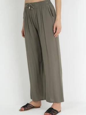 Ciemnozielone Gładkie Spodnie z Gumką w Pasie i Szerokimi Nogawkami Alathera rosa