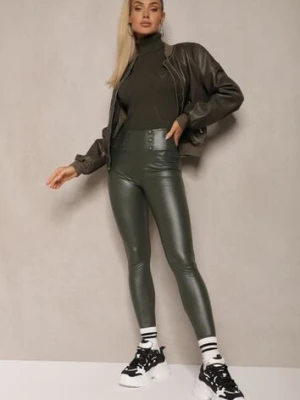 Ciemnozielone Legginsy Push-Up z Ekoskóry Ocieplone Polarkiem Alabella defox