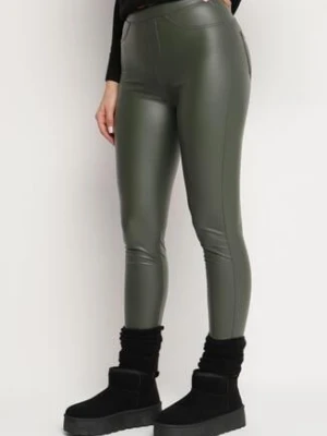 Ciemnozielone Legginsy z Ekoskóry z Wysokim Stanem i Imitacją Kieszeni Merievia defox