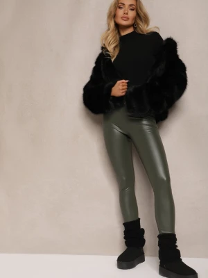 Ciemnozielone Legginsy z Imitacji Skóry High Waist Noriel Defox Zielony