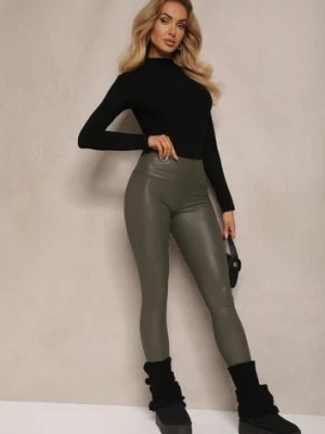 Ciemnozielone Legginsy z Imitacji Skóry High Waist z Polarem Selabra defox