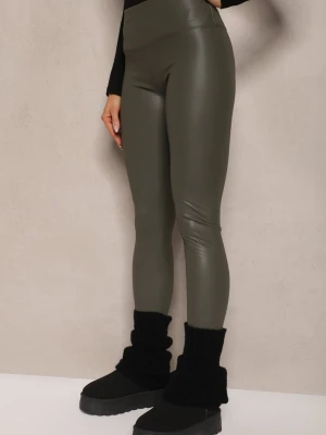Ciemnozielone Legginsy z Imitacji Skóry High Waist z Polarem Selabra Defox Zielony