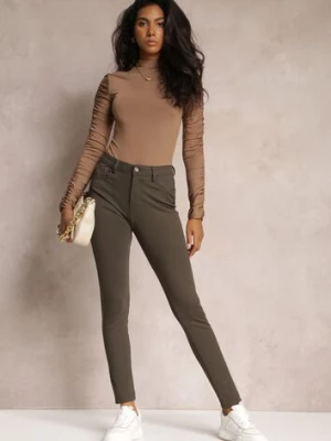 Ciemnozielone Skinny Spodnie z Kieszeniami i Zapięciem na Guzik oraz Suwak Mendieva daysie